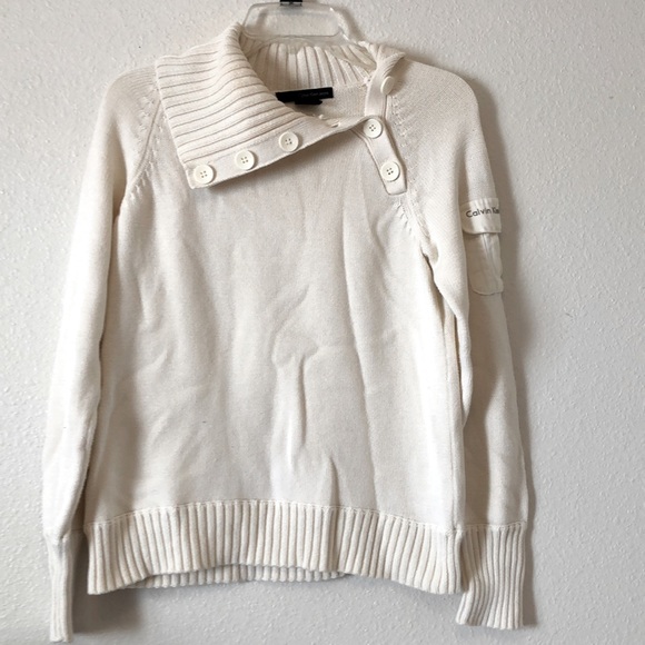 Calvin Klein jeans Wide Neck Side white Button Shawl Sweater Ivory Size Large - Picture 2 of 8